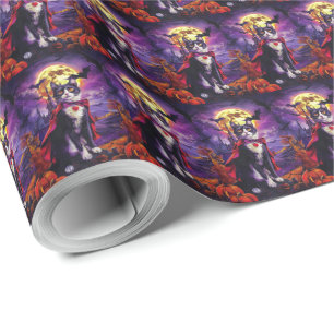 Papel De Presente Halloween Tuxedo Gato Vampiro Pumpkins assustado