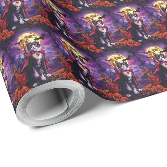 Papel De Presente Halloween Tuxedo Gato Vampiro Pumpkins assustado (Ponta do rolo)