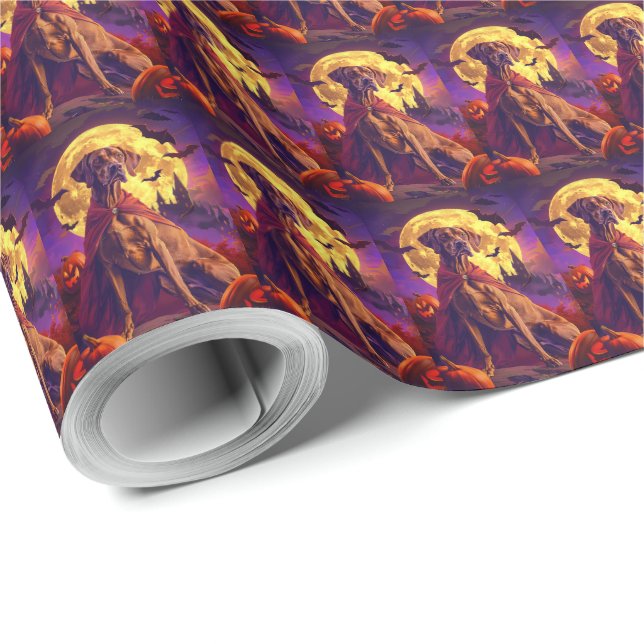 Papel De Presente Halloween Vizsla Vampire Pumpkins Scary (Ponta do rolo)