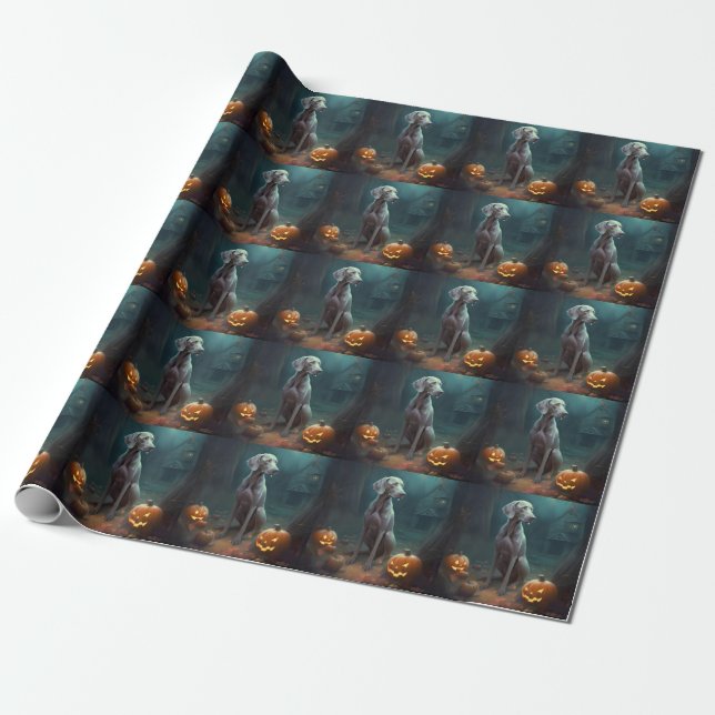 Papel De Presente Halloween Weimaraner Com Pumpkins Assustado (Desenrolado)