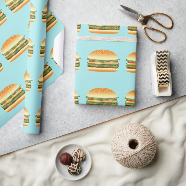 Papel De Presente Hamburger Desenhado Ilustrado em Azul (Artesanato)