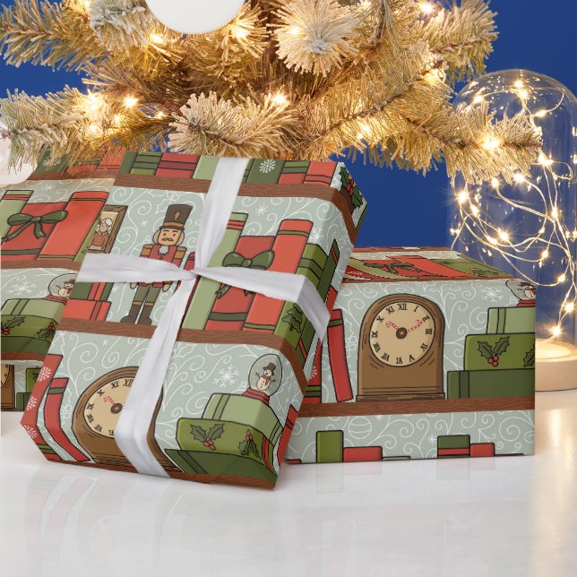 Papel De Presente Hand Drawn Festive Bookshelf  Wrapping Paper Roll (Feriados)
