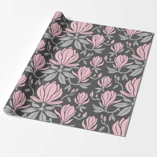 Papel De Presente Hand-drawn seamless pattern with magnolia flowers. (Desenrolado)