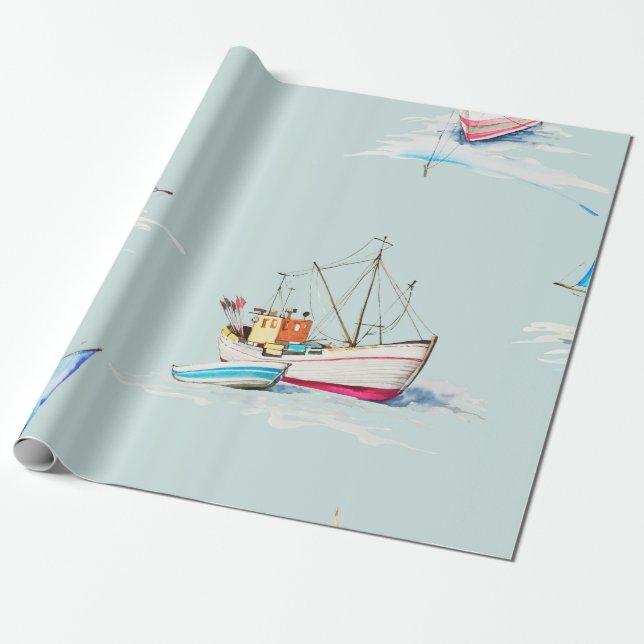 Papel De Presente hand drawn watercolor sailboat illustrationsailboa (Desenrolado)