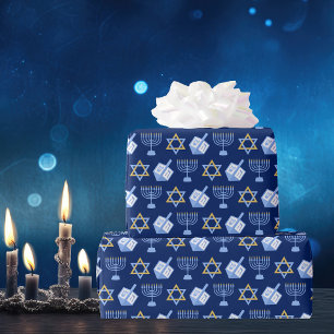 Papel De Presente Hanukkah Blue Menorah Dreidel Pattern Chanukah