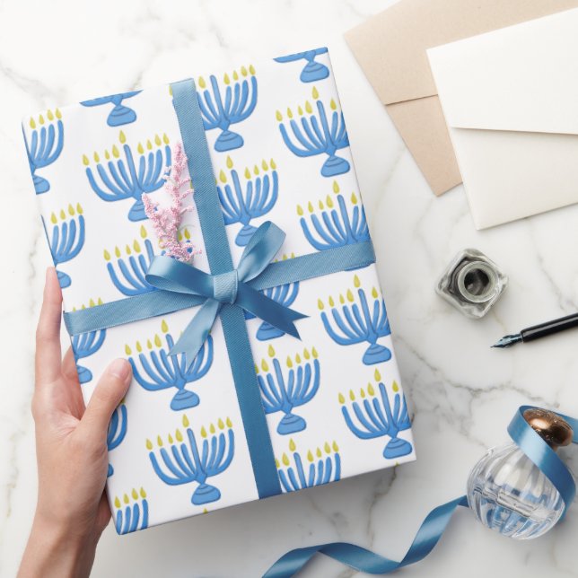 Papel De Presente Hanukkah Botanical Menorah Watercolor Blue (Presentear)