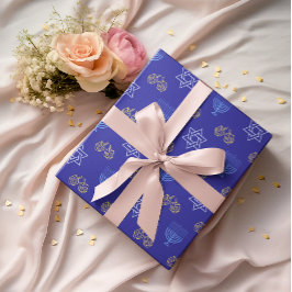 Papel De Presente Hanukkah Dourada Dreidel Star de David Menorah Blu