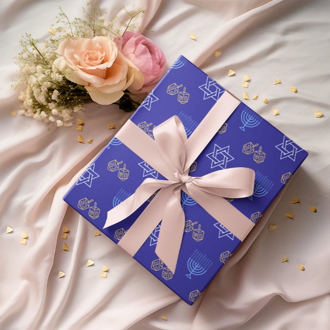 Papel De Presente Hanukkah Dourada Dreidel Star de David Menorah Blu (Criador carregado)