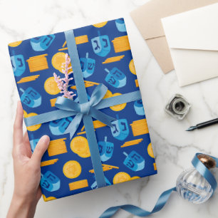 Papel De Presente Hanukkah Dreidel Game Gelt Dark Blue