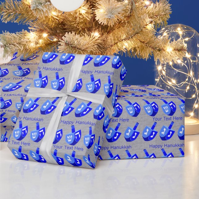 Papel De Presente Hanukkah Dreidels Padrão Azul Personaliza Isso (Feriados)