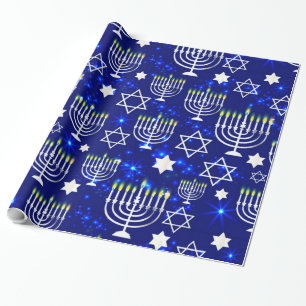 Papel De Presente Hanukkah Menorah Azul e Prata