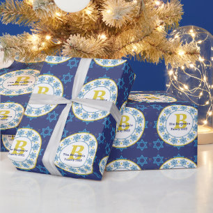 Papel De Presente Hanukkah padrão azul uniforme Monograma familiar