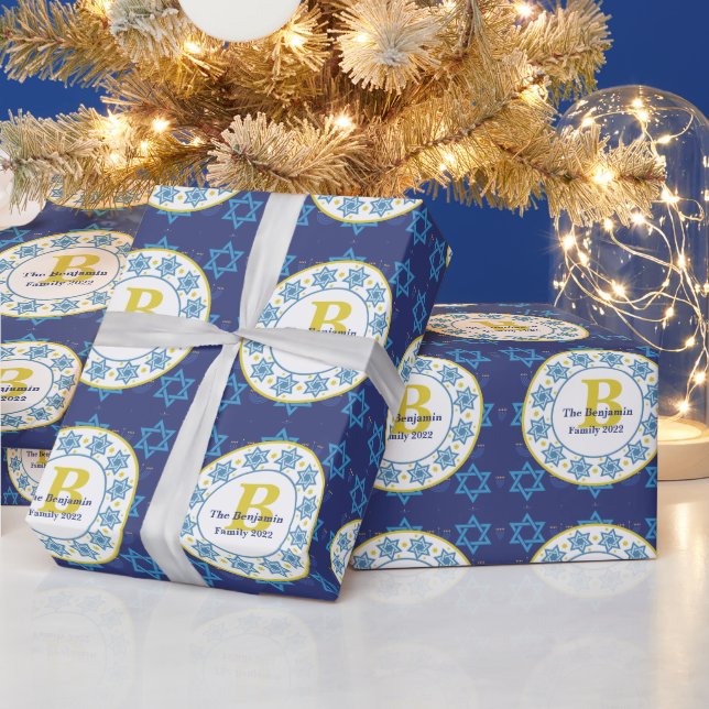 Papel De Presente Hanukkah padrão azul uniforme Monograma familiar (Feriados)