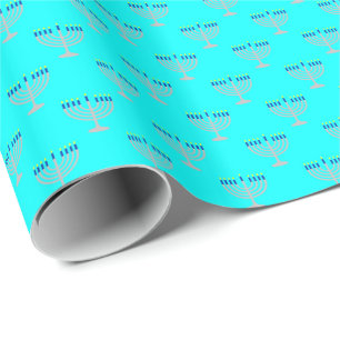 Papel De Presente Hanukkah Silver Menorah no Aqua Blue