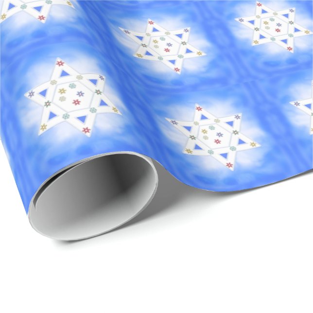 Papel De Presente Hanukkah Star e Snowflakes Blue (Ponta do rolo)