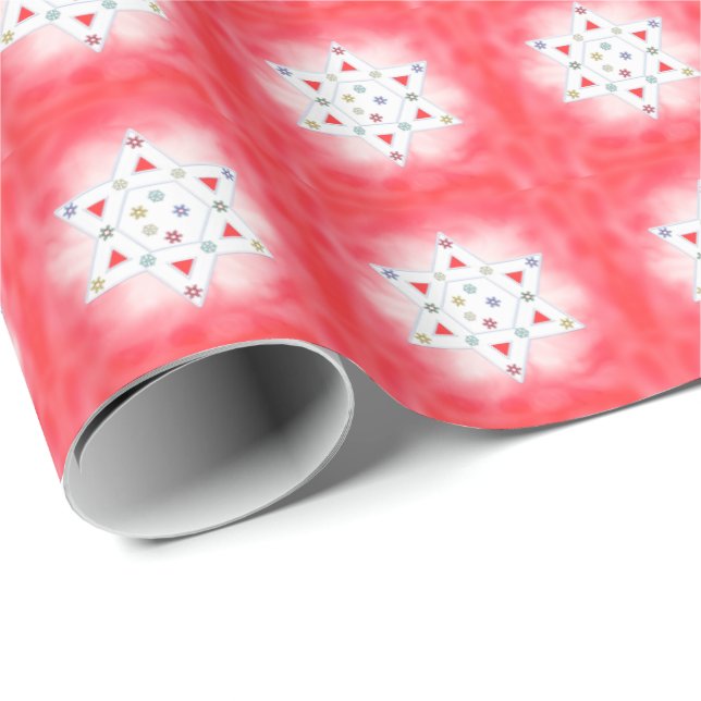 Papel De Presente Hanukkah Star e Snowflakes Red (Ponta do rolo)