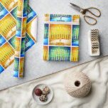 Papel De Presente Hanukkah Yellow Blue Menorahs Padrão Moderno Chic<br><div class="desc">Uma ilustração detalhada de menorras brilhantes, coloridas, verdes azuis e douradas de arte ajuda-o a lançar no feriado de Chanucá no estilo. Sinta o calor e a alegria da época de férias sempre que você usa este brilhante e colorido papel de embrulho Chanucá. Cartões de correspondência, postagens, adesivos, travesseiros, utensílios...</div>
