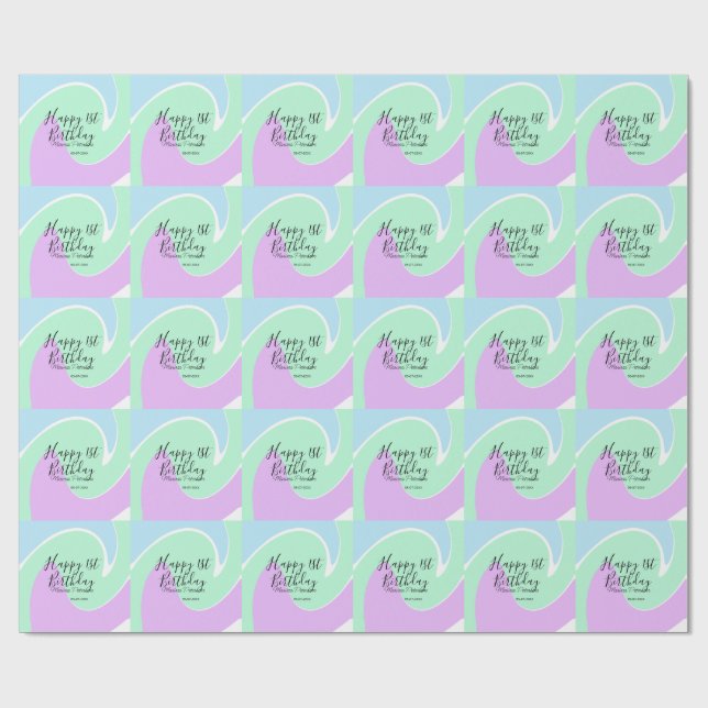 Papel De Presente Happy 1st birthday pink green blue acrylic pour  (Aberto)