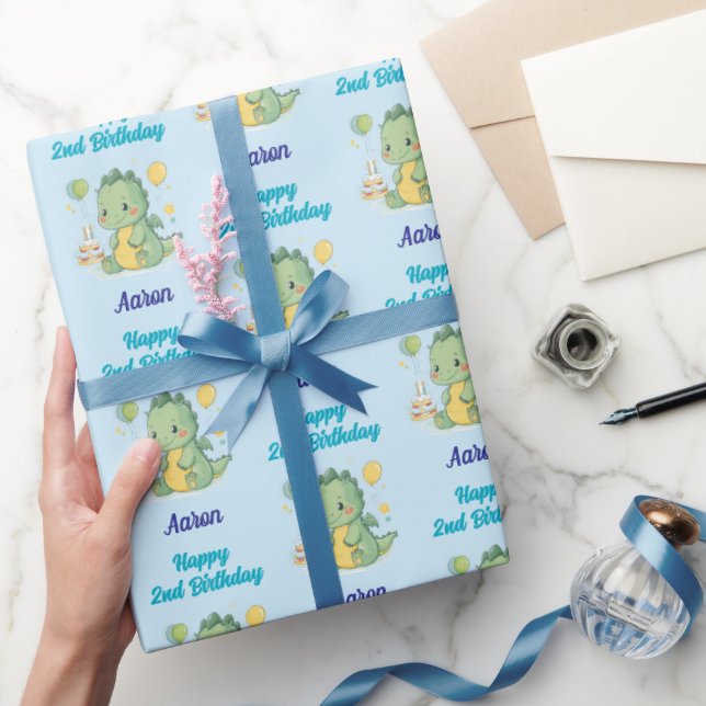 Papel De Presente Happy 2nd Birthday, Dragon, Boy, Personalized  (Presentear)