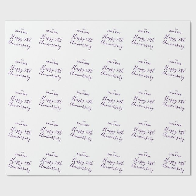 Papel De Presente Happy 50th anniversary purple name year simple  (Aberto)