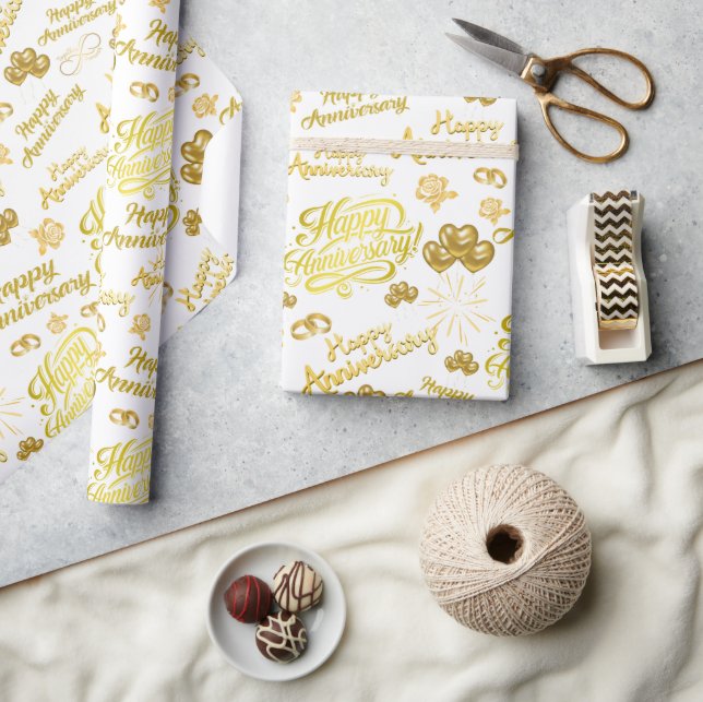 Papel De Presente Happy Anniversary  Elegant Gold Text (Artesanato)