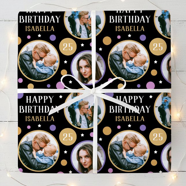Papel De Presente Happy Birthday Photo Collage Any Age 25th Purple (Criador carregado)