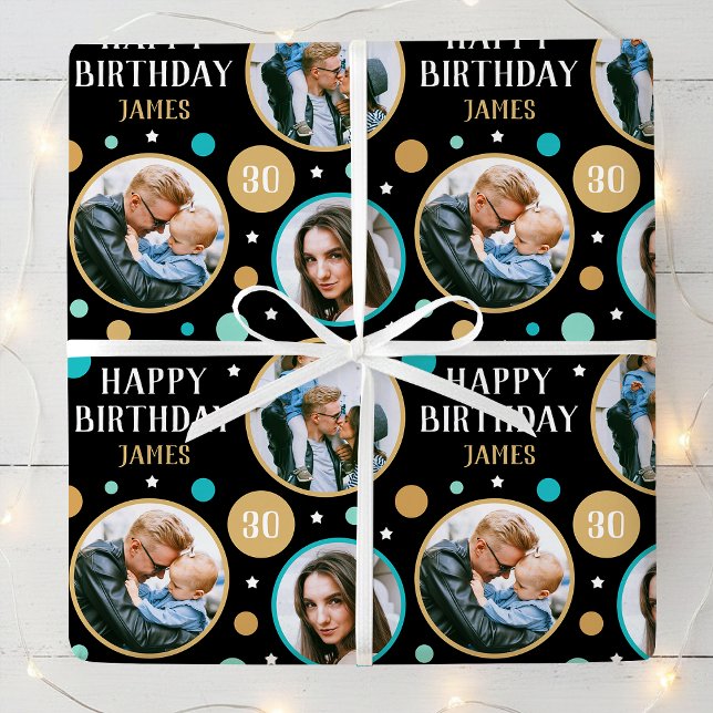 Papel De Presente Happy Birthday Photo Collage Any Age 30th Teal (Criador carregado)