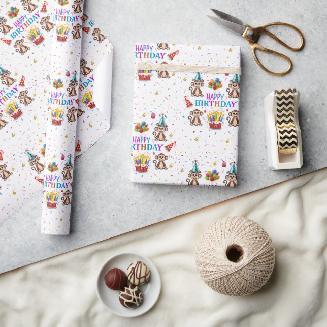 Papel De Presente Happy Birthday Wrapping Paper Monkey Cupcake  (Artesanato)