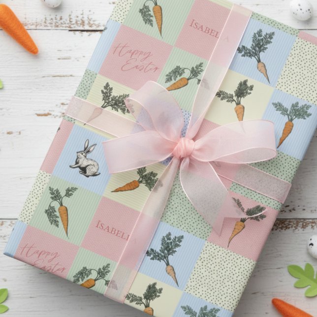 Papel De Presente Happy Easter Rabbit & Carrot Square Pattern (Adorable Pink Happy Easter Wrapping Paper for Her. Cute Easter Bunny & Carrots Illustration for Kids)