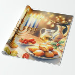 Papel De Presente Happy Hanukkah<br><div class="desc">Ilustração de aquarela de Hanukkah. Uma mesa bem arrumada para uma comemoração festiva,  com uma menorah tradicional com velas iluminadas. Luz suave e quente,  enquanto decorações de férias adicionam um toque de alegria. Luzes quentes criando uma atmosfera acolhedora e convidativa.</div>