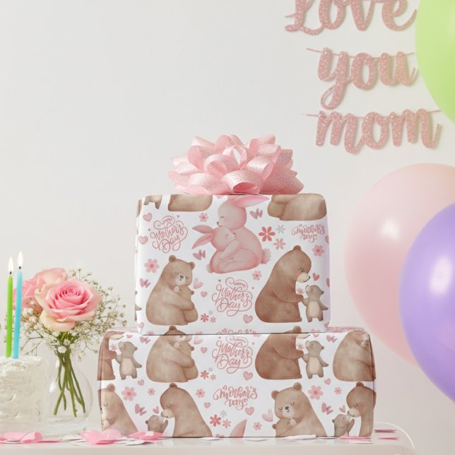 Papel De Presente Happy Mother’s Day Cute Bear & Bunny (Criador carregado)