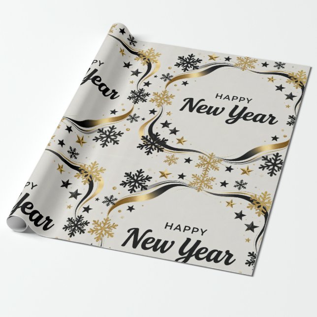 Papel De Presente Happy New Year Black and Gold Snowflake  (Desenrolado)