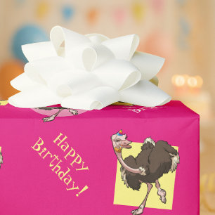 Papel De Presente Happy Ostrich Dancing in Party Hat Cartoon