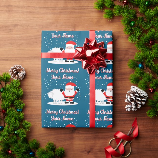 Papel De Presente Happy Santa Claus cartoon with sheep Christmas (Presente de Natal)