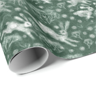 Papel De Presente Hares Snow Field White Rabbit Inverno Padrão Verde