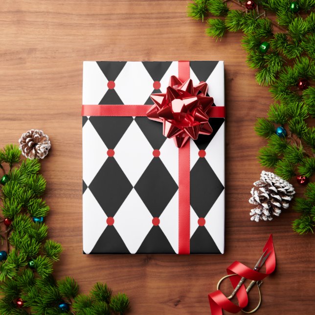 Papel De Presente Harlequin preto e branco com sotaques vermelhos (Presente de Natal)