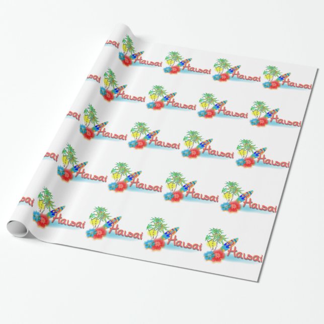 Papel De Presente Havaí com Palmas, Flores e Surfboard (Desenrolado)