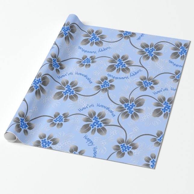 Papel De Presente Hawaiian Holly Hanukkah Blue Floral (Desenrolado)