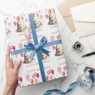 Papel De Presente Hedgehog com balões cor-de-rosa Parabéns