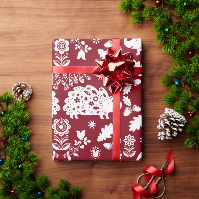 Papel De Presente Hedgehog Folk Art (Presente de Natal)
