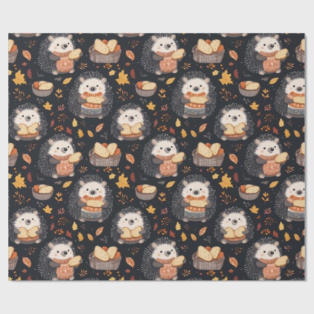 Papel De Presente Hedgehogs bonitos com Folhas de Pão e Outono (Aberto)