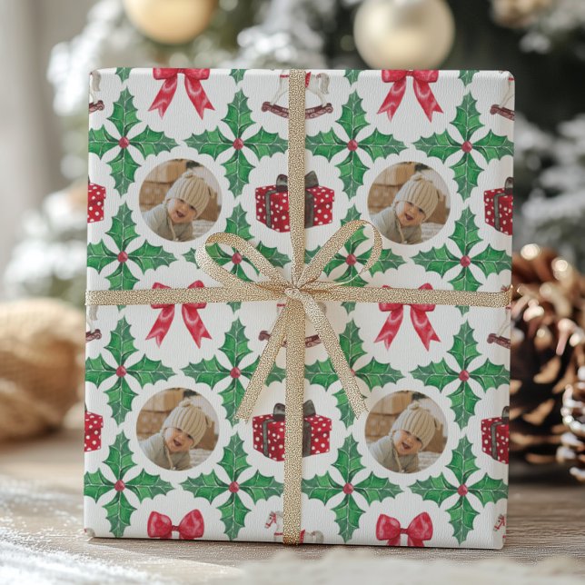 Papel De Presente Heirloom Holly Patchwork Photo Christmas Holiday (Criador carregado)