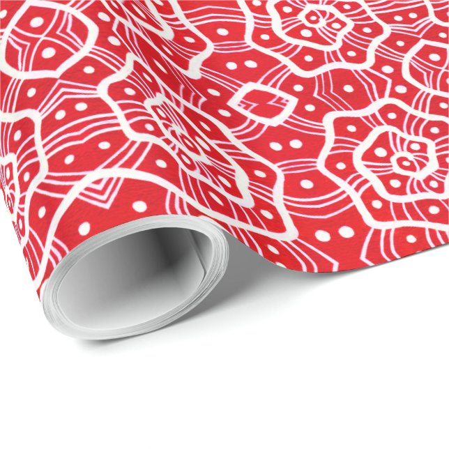 Papel De Presente Hélices vermelhas e brancas, curvas de neve, padrã (Ponta do rolo)