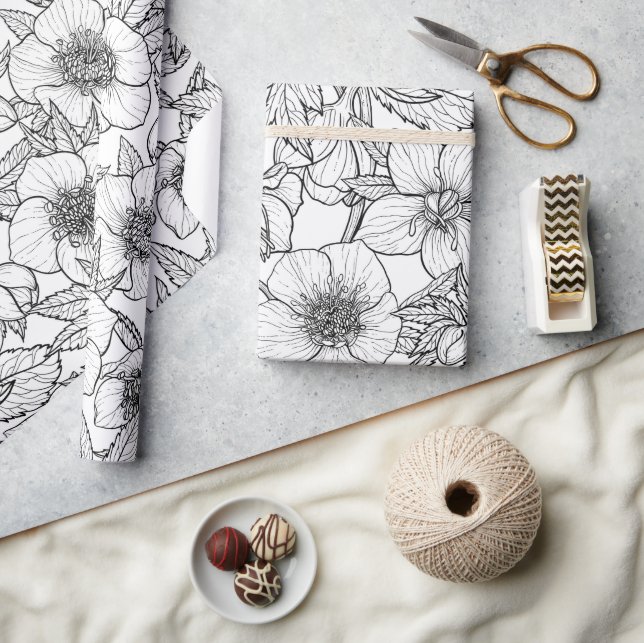 Papel De Presente Hellebores a preto e branco (Artesanato)