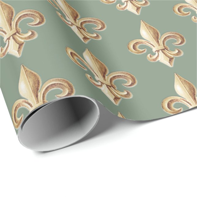 Papel De Presente Herádico Fleur de lis Sage, Dourado e esculpido  (Ponta do rolo)