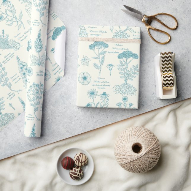 Papel De Presente Herbário de Jardim Medicinal em azul e branco esma (Artesanato)