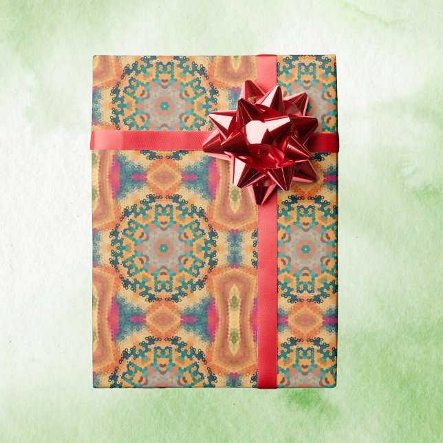 Papel De Presente Hex Mandala Orange e Blue (Orange and Blue Hexagon Mandala Wrapping Paper by Wormhole Orbital)