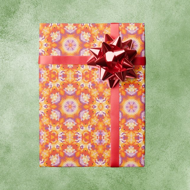 Papel De Presente Hex Mandala Orange Purple e White (Orange Purple and White Hexagon Mandala Wrapping Paper by Wormhole Orbital)