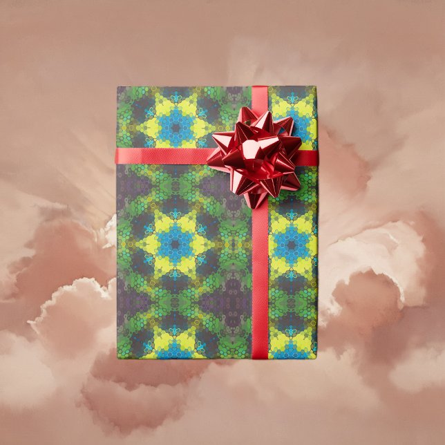 Papel De Presente Hex Mandala Verde Amarelo e Azul (Green and Blue Hexagon Mandala Wrapping Paper By Wormhole Orbital)