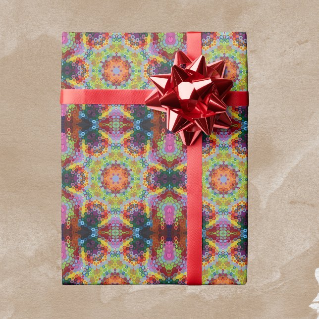 Papel De Presente Hex Mandala Verde Rosa e Laranja (Green Pink and Orange Hexagon Mandala Wrapping Paper by Wormhole Orbital)